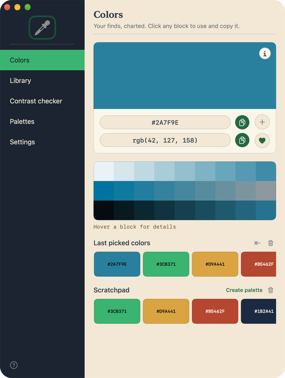 Screenshot of the Hex Marks the Spot window on the Colors page: a large swatch of the blue #2A7F9E with its code shown as #2A7F9E and rgb(42, 127, 158), each with a copy button; below it three ramps of lighter, greyer and darker blues, a row of last picked colors and the scratchpad.
