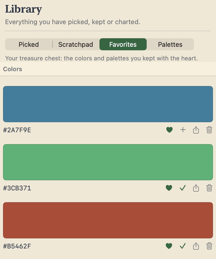 Screenshot of the Library page with the Favorites tab selected. The line under the tabs reads “Your treasure chest: the colors and palettes you kept with the heart.” Below it, three favorite colors: #2A7F9E, #3CB371 and #B5462F.