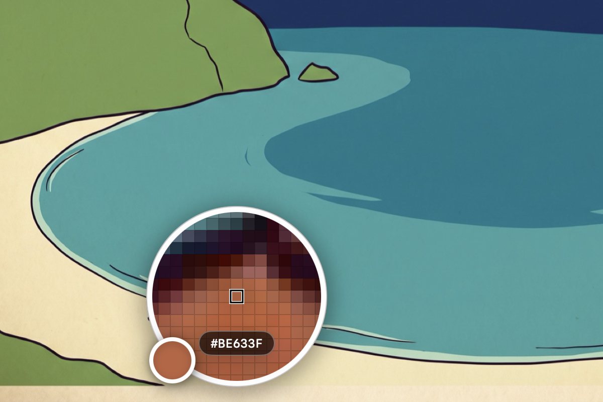 Screenshot of the magnifier over a drawing of a cove: a round lens shows the pixels of a boat’s rust-red hull enlarged under a grid, the middle pixel outlined, with its code #BE633F on a pill and a round sample of the color beside it.