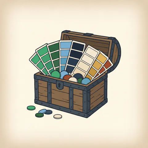 Illustration: an open wooden treasure chest overflowing with fanned color swatch cards and round paint chips instead of coins.