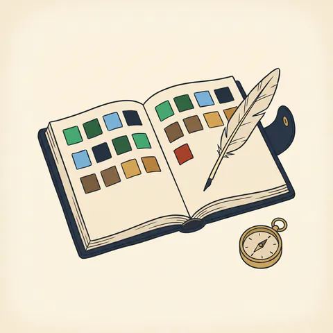 Illustration: an open ship’s logbook with rows of small color squares pasted onto its pages, a quill across it and a brass compass beside it.