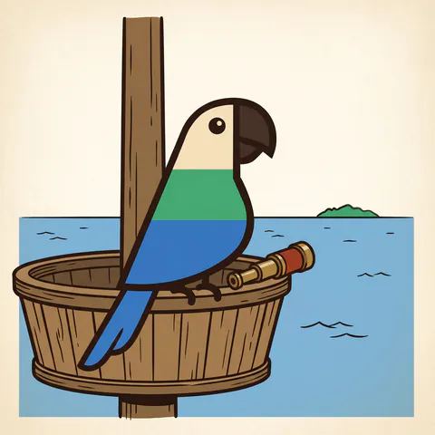 Illustration: the parrot from the app icon perched in a ship’s crow’s nest, looking out over a calm sea toward a small island, a brass spyglass beside it.