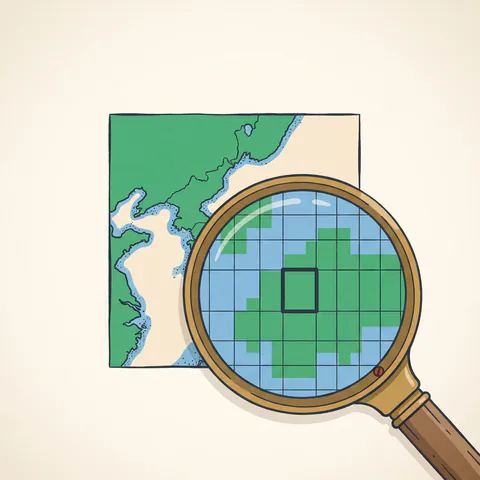 Illustration: a brass magnifying glass on a sea chart; inside the lens the coastline turns into square pixels under a grid, one of them outlined.